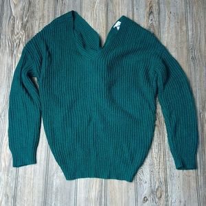 Olga Green Knit Ribbed V Neck Tie Knit Twist Back Detail Swear Top